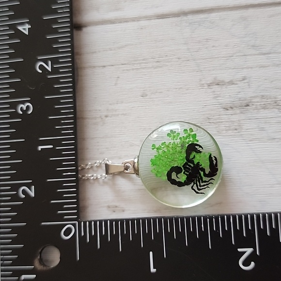 PRESSED Real flower and simulated Scorpion Necklace 925 Chain - Picture 4 of 5